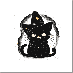 Cute black Halloween kitty in a hat Posters and Art